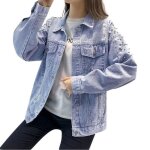 Funmoon manteau femmes bouton manches longues perles perles denim ouvert avant jean pardessus