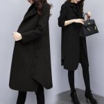 Funmoon noir manteau femme mi - longue en laine col montant manche large avec ceinture dcontract amincissant ...