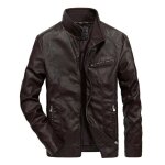 Funmoon veste automne hiver hommes zippe. poche pied de col imitation manteau en cuir marron xxl