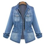 Funmoon veste femmes en jean slim grande taille col montant manches longues couleur unie effect delave ...