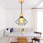 Suspension luminaire exquise vintage lustre abat - jour cage diamant fer noir lampe bois salon - idegu ...