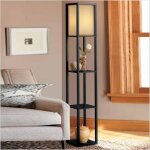 Fydun lampadaire en tissu en bois lampadaire moderne en bois de ch�ne avec �tag�res int�gr�es pour salons ...