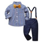 Garcon vetement ensemble chemise manches longues et pantalon  bretelles avec n?ud papillon - bleu
