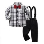 Garcon vetement ensemble chemise manches longues et pantalon  bretelles avec n?ud papillon - carreaux ...