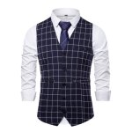 Gilet de costume homme slim col v sans manche business casual carreaux - bleu - polyester coton - boutons ...