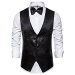 Gilet de costume homme slim col v sans manche soirée couleur unie avec paillettes - noir Gilet de costume homme slim col v sans manche soirée couleur unie avec paillettes - noir
