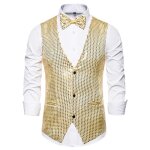 Gilet de costume homme slim col v sans manche soirée couleur unie avec paillettes - or Gilet de costume homme slim col v sans manche soirée couleur unie avec paillettes - or