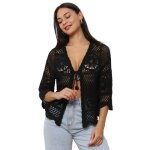 Gilet en crochet festonn - la modeuse - noir - col v - manches longues - 100% viscose