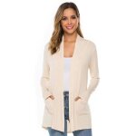 Gilet femme cardigan en tricot mi - longue manches longue avec poches pour printemps et automne - beige ... Gilet femme cardigan en tricot mi - longue manches longue avec poches pour printemps et automne - beige ...