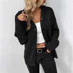 Gilet femme hiver tricot a capuche - manches longues - chaud - noir