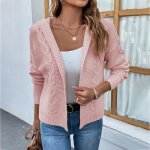 Gilet femme hiver tricot a capuche manches longues chaud - rose