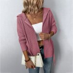 Gilet femme hiver tricot a capuche manches longues chaud - rose
