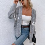 Gilet femme hiver tricot manches longues chaud imprim nol - insfity - gris - col classique