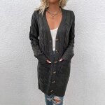Gilet femme hiver tricot mi - longue col v manches longues chaud - gris Gilet femme hiver tricot mi - longue col v manches longues chaud - gris