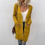 Gilet femme hiver tricot mi - longue col v manches longues chaud - jaune