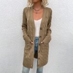 Gilet femme hiver tricot mi - longue col v manches longues chaud - kaki Gilet femme hiver tricot mi - longue col v manches longues chaud - kaki