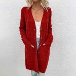 Gilet femme hiver tricot mi - longue col v manches longues chaud - rouge Gilet femme hiver tricot mi - longue col v manches longues chaud - rouge