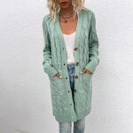 Gilet femme hiver tricot mi - longue col v manches longues chaud - vert Gilet femme hiver tricot mi - longue col v manches longues chaud - vert