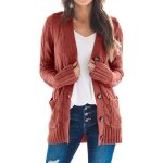 Gilet femme en tricot automne hiver couleur unie cardigan manches longues avec poches - rouge Gilet femme en tricot automne hiver couleur unie cardigan manches longues avec poches - rouge