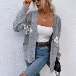 Gilet femme en tricot automne hiver manches longues cardigan ouvert imprimé noël avec poches - gris Gilet femme en tricot automne hiver manches longues cardigan ouvert imprimé noël avec poches - gris