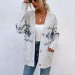 Gilet femme en tricot automne hiver manches longues cardigan ouvert imprimé noël avec poches - gris clair ... Gilet femme en tricot automne hiver manches longues cardigan ouvert imprimé noël avec poches - gris clair ...