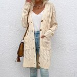 Gilet femme en tricot automne hiver mi - longue cardigan torsades col v manches longues couleur unie ...