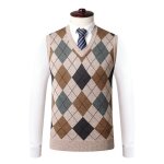 Gilet homme classique motif argyle carreau coupe standard sans manche col en v - insfity - camel