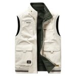 Gilet homme en coton sans manche r�versible col montant multipoches couleur unie - beige