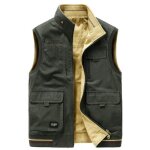 Gilet homme en coton sans manche réversible col montant multipoches couleur unie - vert Gilet homme en coton sans manche réversible col montant multipoches couleur unie - vert