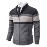 Gilet homme hiver chaud en tricot cardigan zippe rayures epais col montant manches longues tissu confortable ...