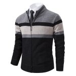 Gilet homme hiver chaud en tricot cardigan zippe rayures epais col montant manches longues tissu confortable ...