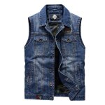 Gilet homme en jean mi saison multi - poches casual l�che sans repassage col montant