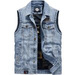 Gilet homme en jean mi saison multi - poches casual lâche sans repassage col montant - bleu Gilet homme en jean mi saison multi - poches casual lâche sans repassage col montant - bleu