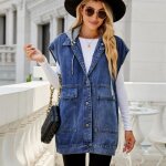 Gilet en jeans femme  capuche sans manches avec poches casual lache col revers pour printemps et automne ...