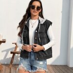 Gilet en jean femme a capuche slim sans manche casual coton denim - insfity - noir gris Gilet en jean femme a capuche slim sans manche casual coton denim - insfity - noir gris