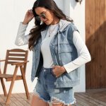 Gilet en jean femme a capuche slim sans manche avez poches casual coton denim - bleu