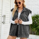 Gilet en jeans femme veste sans manches avec poches casual gilet lache col revers pour printemps et automne ... Gilet en jeans femme veste sans manches avec poches casual gilet lache col revers pour printemps et automne ...