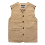 Gilet multi - poches en coton homme veste sans manches col v couleur unie - kaki Gilet multi - poches en coton homme veste sans manches col v couleur unie - kaki