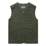 Gilet multi - poches en coton homme veste sans manches col v couleur unie - vert militaire Gilet multi - poches en coton homme veste sans manches col v couleur unie - vert militaire