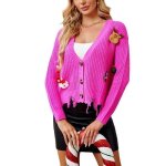 Gilet nol cardigan femme col en v manches longues couleur unie elegant - rose