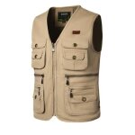 Gilet de p�che homme grande taille en coton multi - poches veste de voyage - kaki - respirant