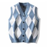 Gilet pull homme tricot� sans manche - col en v - motif argyle - classique - bleu
