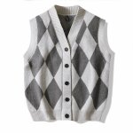 Gilet pull homme tricot sans manche - col en v - motif argyle - classique - gris clair