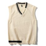 Gilet pull - over homme tricoté bricolore - col en v - coupe décontractée - sans manche - beige blanc ... Gilet pull - over homme tricoté bricolore - col en v - coupe décontractée - sans manche - beige blanc ...