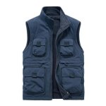 Gilet rversible homme multi poches doubl polaire col montant veste sans manches chaude couleur unie ...
