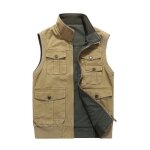 Gilet rversible multi - poches homme veste sans manches en coton col montant couleur unie - kaki