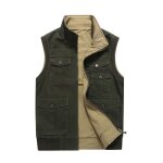 Gilet réversible multi - poches homme veste sans manches en coton col montant couleur unie - vert militaire ... Gilet réversible multi - poches homme veste sans manches en coton col montant couleur unie - vert militaire ...
