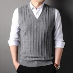 Gilet en tricot homme sans manches col v cardigan elegant automne hiver couleur unie - gris