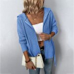 Gilet zippe femme en tricot  capuche automne hiver cardigan manches longues couleur unie - bleu