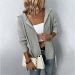 Gilet zippe femme en tricot  capuche automne hiver cardigan manches longues couleur unie - gris